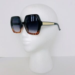 Sunglasses Women's Black Leopard With Gold Hexagon Shaped Oversized Shades NEW
